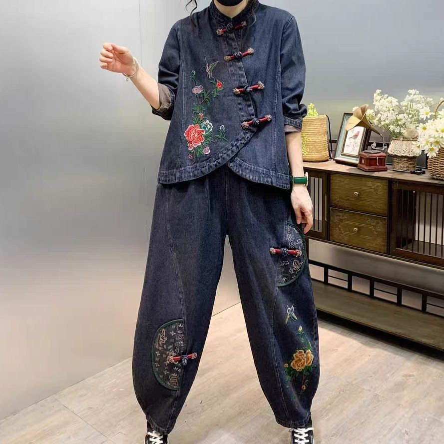 Vintage Fashion Jeans - Vintage knop losse geborduurde bloem denim