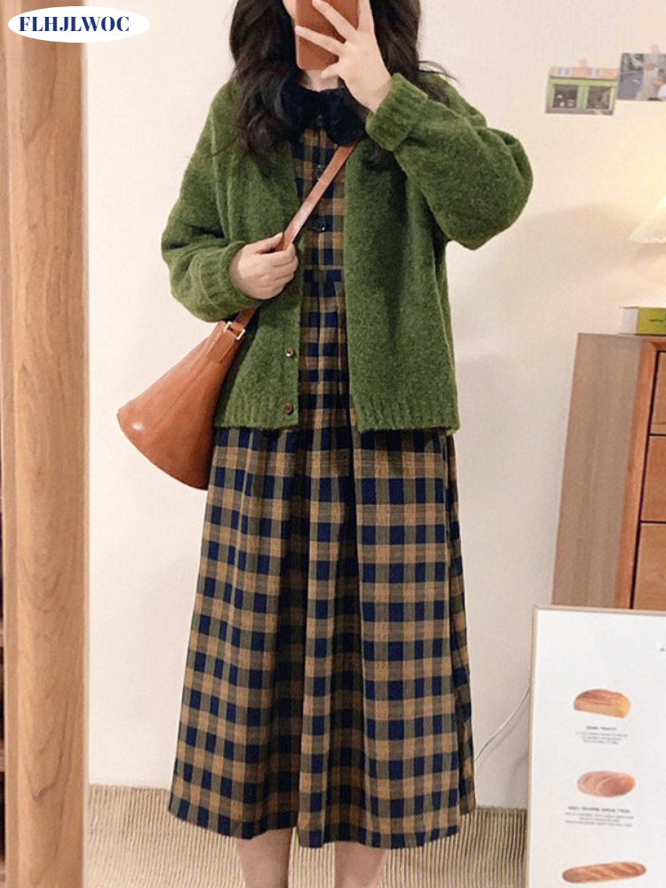 Vintage Fashion Korea - Koffie Plaid Jurken 2023 Basic Slijtage